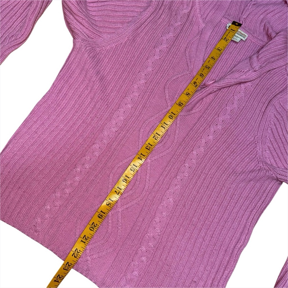 Vintage Y2K Faded Glory Pink Hooded Cable Knit Sweater Ribbed Missy L Fits S/M - Picture 6 of 7